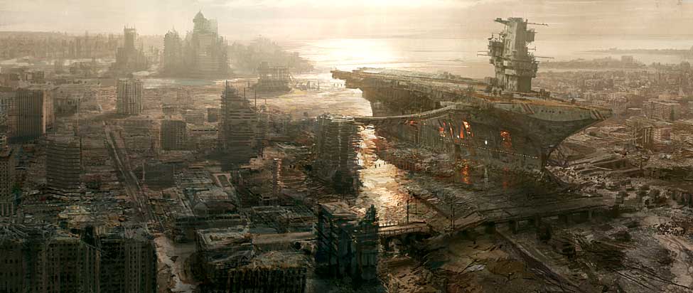 Carrier Concept Art
The third installment of concept art on Bethesda's website.  It shows a ruined city with a seemingly-inhabited aircraft carrier.  Painted by Craig Mullins.
Keywords: Carrier Fallout 3
